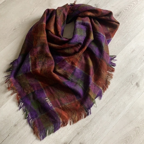Authentic FENDI scarf wrap blanket fringe‎ plaid logo oversized luxury purple